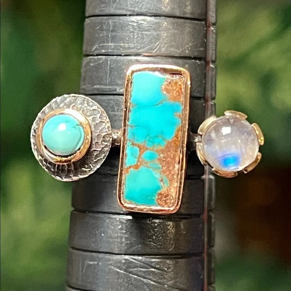 WOW! Artisan Turquoise Moonstone Sterling Silver Modernist Abstract Square Ring